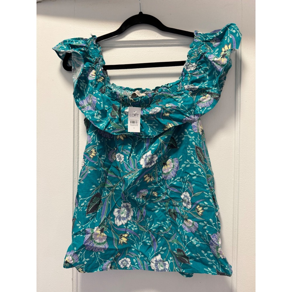 LOFT Womens Teal Floral Flutter Sleeve Linen Blend‎ Blouse Top NWT Medium